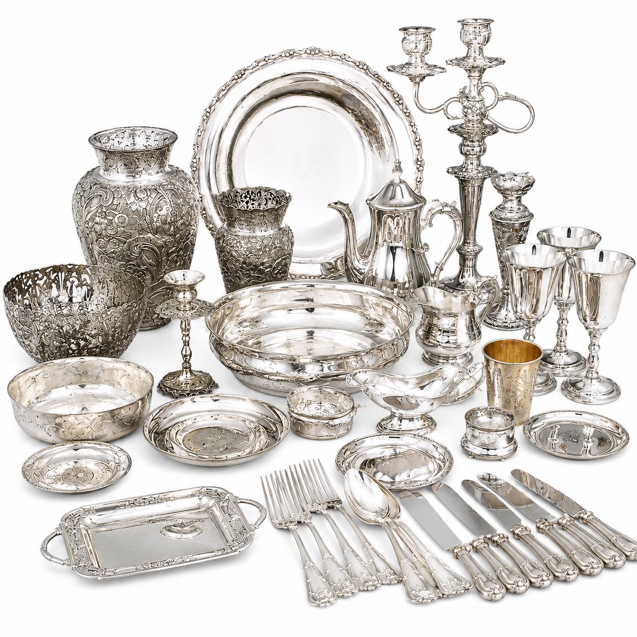 Plata ley 925-950: vajillas, cubiertos y utensilios